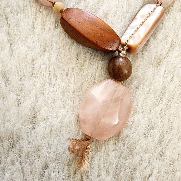 Peyote Bird Free Spirit Rose Quartz Brown Wood Beaded Leather Necklace NEW - Picture 3 of 12